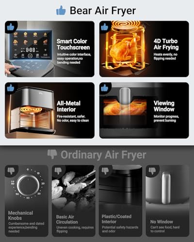 Bear 6.3QT Air Fryer, Smart Touchscreen, 4D Turbo Crisp & Steam Window