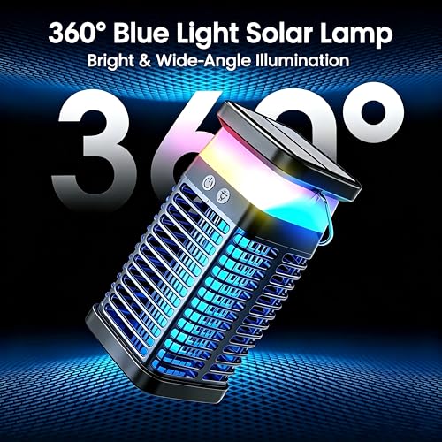 Solar LED Bug Zapper Lamp USB Rechargeable Indoor & Outdoor Use with LED Light, Portable IP66 Waterproof Electric Lamp with Hook for Patio Garden Backyard Home