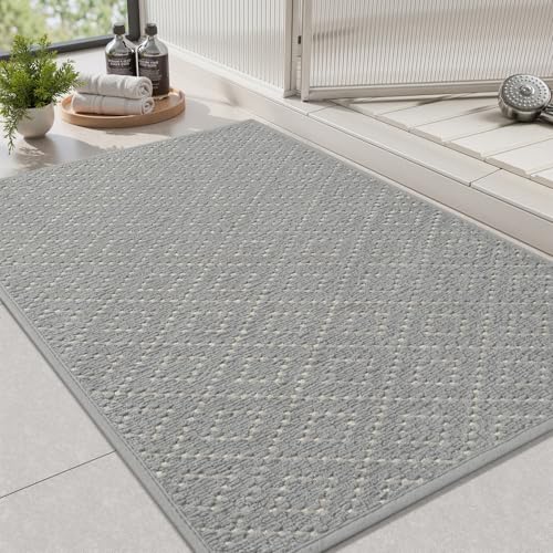 TCHDIO Chenille Bath Mat Super Absorbent Bathroom Mat Non Slip Rubber Backed Bath Mats for Bathroom Quick Dry Bathroom Rug Machine Washable Thin Bath Rug Fit Under Door, Shower, Bathtub,17"X 28"Grey