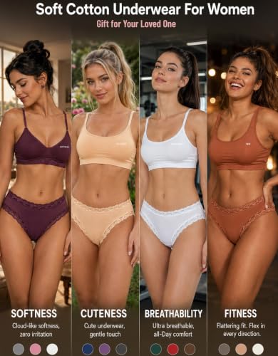 READY TO LOVE Underwear Womens Breathable Cotton Cheeky Bikini Panties Lace Lingerie for Women 6 Pack