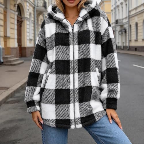 Women's Flannel Plaid Shacket Plus Size Full Zip Up Hooded Sherpa Jacket | Comfy Cozy Long Sleeve Coat, Fall Winter Warm Coats, Oversized Soft Fuzzy Hoodie, Cold Weather Outerwear with Pockets, Trendy