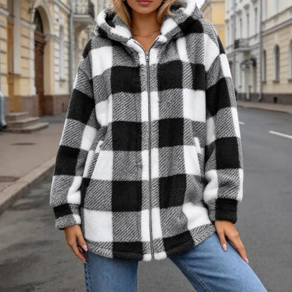 Women's Flannel Plaid Shacket Plus Size Full Zip Up Hooded Sherpa Jacket | Comfy Cozy Long Sleeve Coat, Fall Winter Warm Coats, Oversized Soft Fuzzy Hoodie, Cold Weather Outerwear with Pockets, Trendy