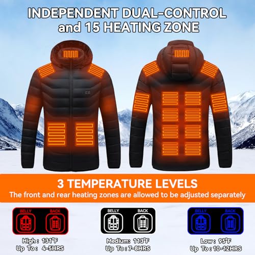 CHANGEOWN Heated Jackets for Women & Men, Dual-Control 15 Heating Zones Unisex Heating Jacket Coat with Battery, 3 Heating Levels Windproof & Waterproof Heating Jacket for Winter Outdoor, X-Large