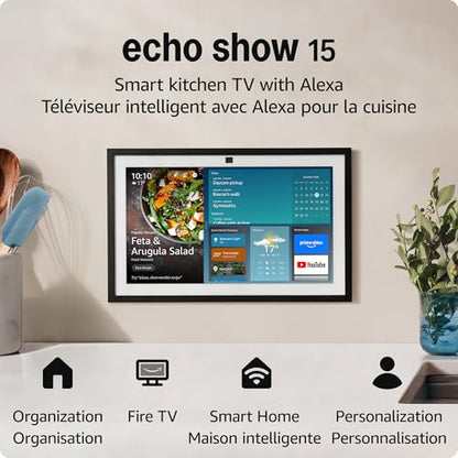 Amazon Echo Show 15 (newest model), Full HD 15.6” kitchen hub for home organization, with built-in Fire TV and Alexa, Designed for Alexa+