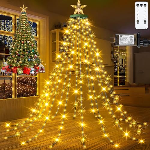 Guirlande Lumineuse Sapin de Noël avec Cime Étoile, 400 LED, avec Anneau pour Arbre, 2 m de Long x 16 Gouttes, 8 Modes, Minuteur, Télécommande pour Décoration d'Arbre de Noël Intérieur/Extérieur, Blanc Chaud
