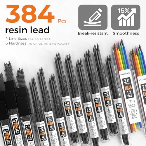 STAGEEK 35PCS Mechanical Pencil Set, 0.5 0.7 0.9 2.0mm Art Pencils, Silver