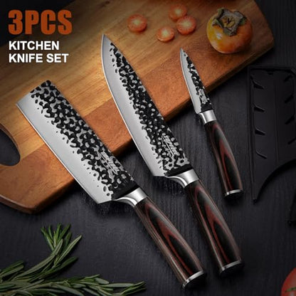 Topfeel 3PCS Chef Knife, Hand Forged High Carbon Stainless Steel Japanese Knife Sets, Ultra Sharp Professional Kitchen Knife Sets with Wood Ergonomic Handle