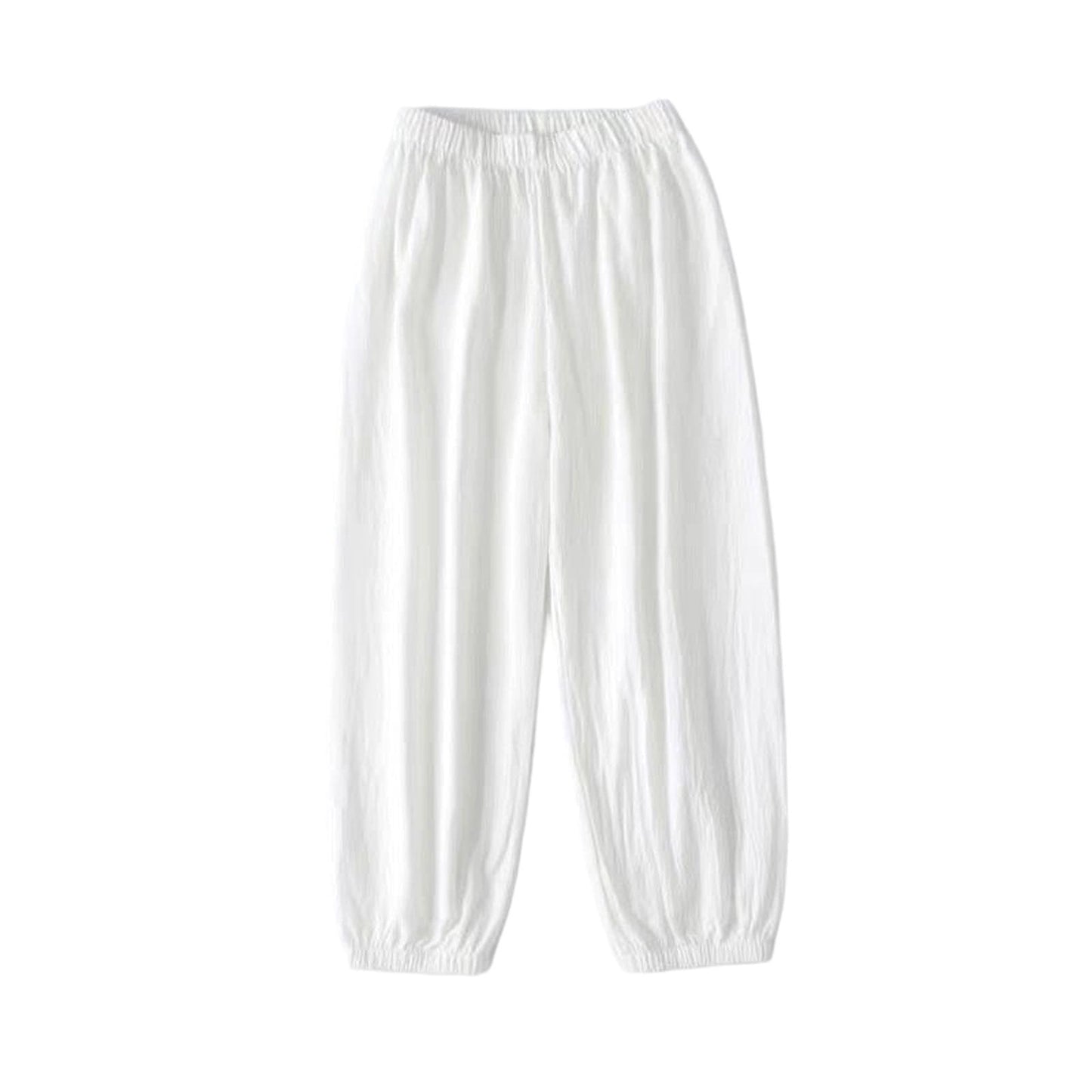 Athletic Joggers for Womens Elastic Waist Linen Capri Pants Ankle Cuffs Sweatpants Baggy Lounge Trousers with Pockets White