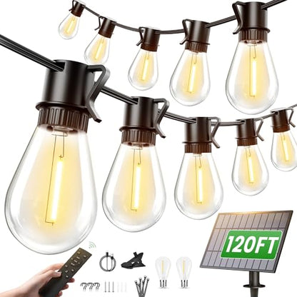 Solar String Lights Outdoor, 120FT 30+2 Shatterproof S14 LED Bulbs, Waterproof, USB Rechargeable, 2200K Warm White, Energy-Saving Hanging Patio Lights for Garden, Porch, Bistro, Deck, Market