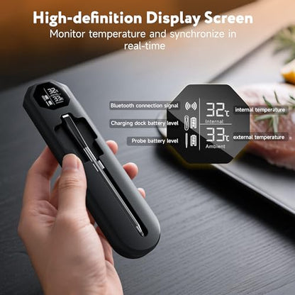 Meat Thermometer Digital for Camping Essentials, Wireless Bluetooth App | 527°F heat-resistant probe; 100m wireless remote range; smart app; for oven, BBQ, grilling & smoking;Kitchen Gadgets