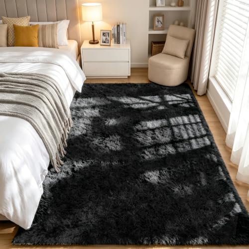 Huiuhjirug 4x6 Area Rug, Fluffy Shag Carpet for Living Room Black