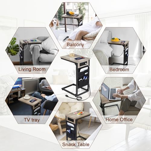AMHANCIBLE C Shaped Side Table, with Charging Station, TV Tray Set of 2