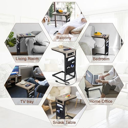 AMHANCIBLE C Shaped Side Table, with Charging Station, TV Tray Set of 2