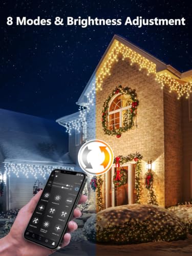 ROOR 50FT Christmas Icicle Light Outdoor 300 LED Christmas Light Warm White | 8 Modes with Remote Timer, IP65 Waterproof Connectable Icicle String Light for Xmas Eaves Window Holiday Party Yard Decor