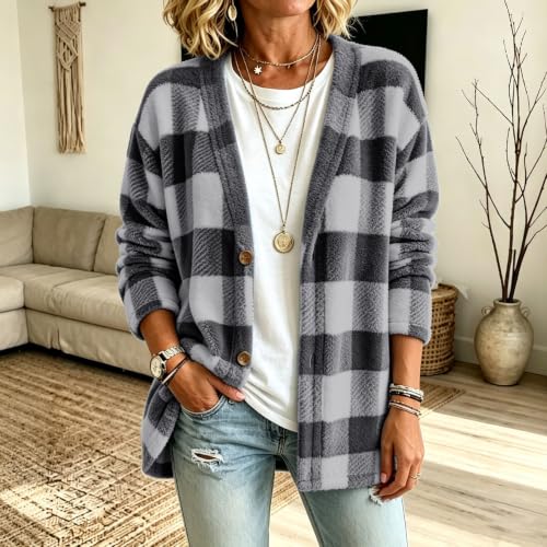 Womens Plaid Fleece Sweater Cardigan Open Front Fuzzy Sweaters Gray