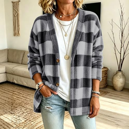 Womens Plaid Fleece Sweater Cardigan Open Front Fuzzy Sweaters Gray