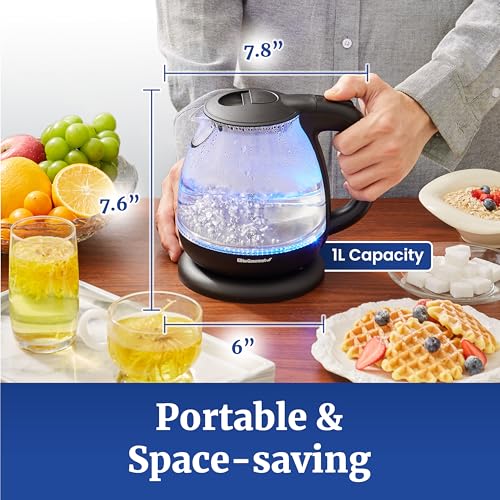 Elite Gourmet EKT1001 Electric BPA-Free Glass Kettle, Cordless 360° Base, Stylish Blue LED Interior, Handy Auto Shut-Off Function – Quickly Boil Water For Tea & More, Black, 1L