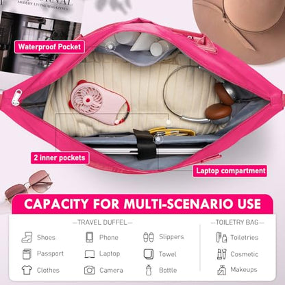 WOOMADA Weekender Overnight Bag for Women, Shoulder Travel Duffel with Shoes Compartment,Gym Bag with Toiletry Bag(Hot Pink)