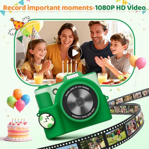Kids Camera for Big Boys and Girls Flip Screen2.4+Telescopic Zoom 1080P Selfie Photo+Video Digital Camera for Age 5-12 with Cartoon Cover & SD Card Gift Best Chritmas Birthday Festival Gift(Green)