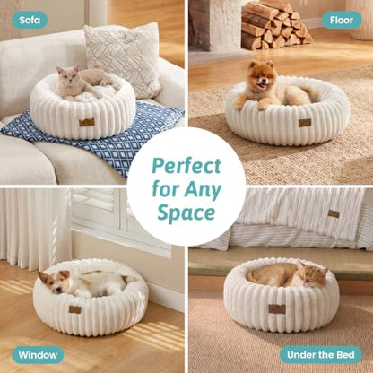 COZY KISS Donut Small Cat Bed for Indoor Cat, Kitten Bed Calming 50cm Cream