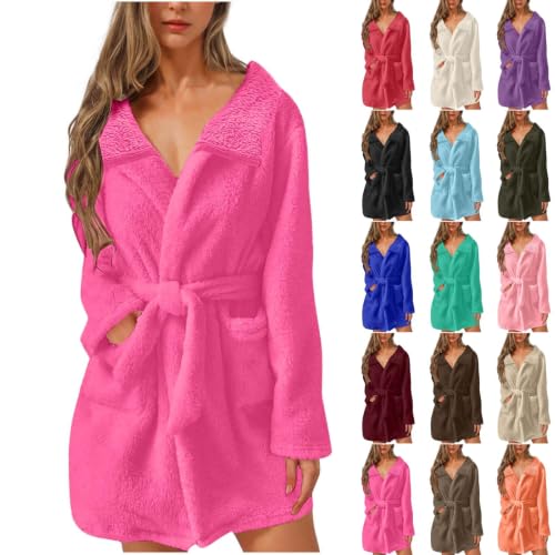 Womens Plush Robes Solid Short Bathrobe with Pockets and Belt