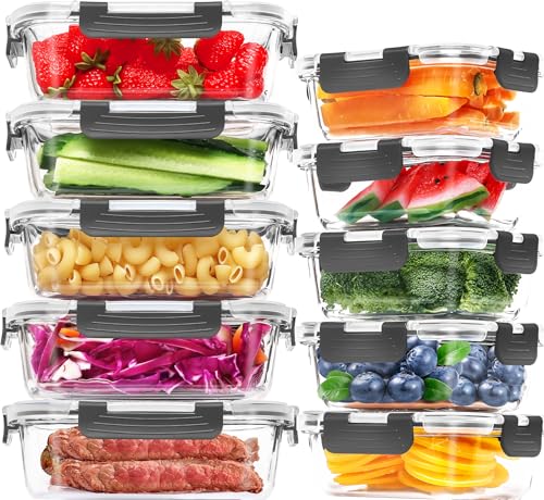 10-Pack Large Glass Meal Prep Containers, Food Storage Containers with Lids