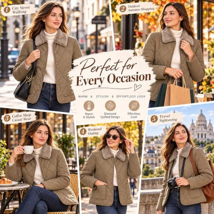 Women's Lightweight Quilted Jacket Faux Fur Collar Short Padded Coat Button Down Casual Mild Weather Outerwear with Pockets