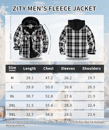 ZITY Men's Fleece Flannel Jacket Full Zip Plaid Winter Warm Lined Jacket Coat Hoodies with Pockets