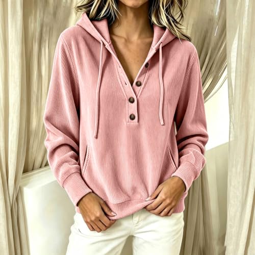 Women's Corduroy Hoodies Long Sleeve Half Button Oversized Sweatshirts Pink