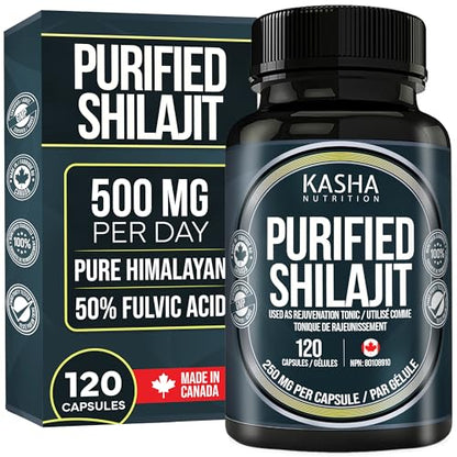 Kasha Purified Shilajit Capsules - 500mg/Serving - 50% Fulvic Acid - 120 Ct | Provide Antioxidants & Alleviate Painful Urination - Pure Himalayan, Made in Canada