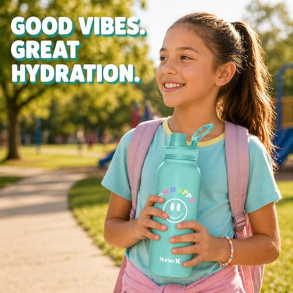 Hurley 32 Oz Reusable Water Bottle with Chug Cap Stainless Steel Sports Bottle "I'M HAPPY" Design with Handle on Lid, Mint