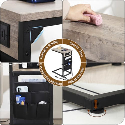 AMHANCIBLE C Shaped Side Table, with Charging Station, TV Tray Set of 2