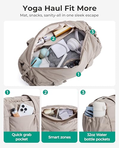 BAGSMART Gym Bag for Women, Yoga Mat Crossbody Bag with Wet & Dry Pocket, 15L Quilted Gym Shoulder Carryall for Weekend, Sand Brown