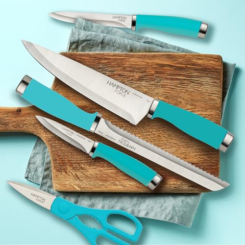 Hampton Forge Epicure Aqua 15-Piece Knife Set with Block | stainless steel, wood block | slip-resistant ergonomic handles | includes chef and slicing knives, knife block set