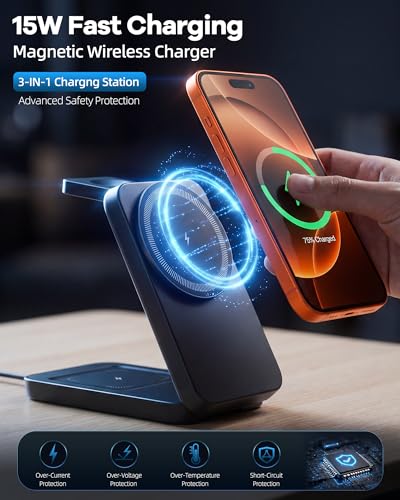 Wireless Phone Charger 15W magnetic Station charging iPhone Watch Earbuds | 3-in-1 15W Qi magnetic charging; fits MagSafe-ready Phones; foldable; LED indicator; for Watch & Earbuds