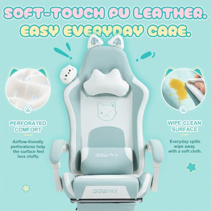 Dowinx Cat Ear Gaming Chair for Adults, Ergonomic Computer Chair with Massage Lumbar Support, Reclining Gamer Chair with Footrest and Headrest, 290 lbs