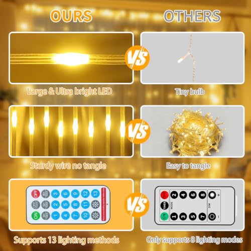 Curtain Lights Outdoor 10x10Ft 300LED Hanging Solar Lights with Solar & USB-C Charging 13 Modes Dimmable Waterproof Remote Twinkle Fairy String Light for Gazebo Patio Christmas Yard Pavilion Pergola