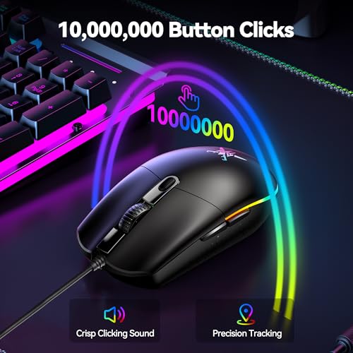 TECKNET Wired Gaming Mouse - Ergonomic Wired Mouse with 8000 DPI, 6 Programmable Buttons, RGB Backlighting, 1000Hz Polling Rate, Gaming Mice for Laptop/PC