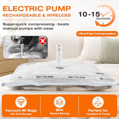 Vacuum Storage Bags for Travel with Rechargeable Pump, 12 Pack, 3 Sizes | Reusable vacuum sealer bags for clothes, luggage, suitcase and closet storage; clear front for easy viewing and opaque back