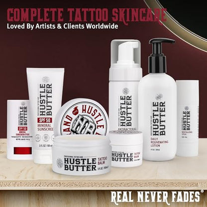 Hustle Butter Tattoo Aftercare Sunscreen - Tattoo Sunscreen Lotion - Fade Protection, SPF 50, Hydrating with Shea Butter & Coconut Oil, TSA-Friendly, Water Resistant, Non-Greasy, 3 oz