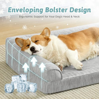 COZY KISS Cooling Dog Bed, Q-Max >0.4 Orthopedic Foam Dog Bed with Sides, Removable Cover & Waterproof Lining and Nonskid Bottom, Comfortable Pet Beds for Dogs, Grey (36" L x 27" W x 6.5" Th)