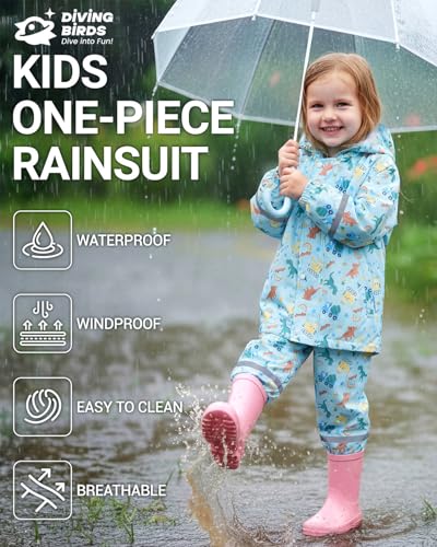 DivingBirds Kids Toddler Rain Suit,Muddy Buddy Waterproof Coverall,2-Piece Raincoat with Portable Storage Bag and Reflective Strip Light Blue for 4-5 Years