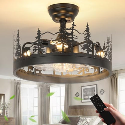 Merexcint Rustic Black Ceiling Fan with Light, Bear and Deer Design