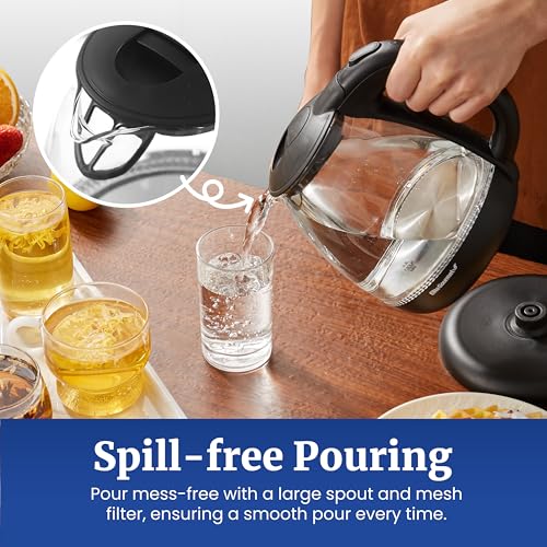 Elite Gourmet EKT1001 Electric BPA-Free Glass Kettle, Cordless 360° Base, Stylish Blue LED Interior, Handy Auto Shut-Off Function – Quickly Boil Water For Tea & More, Black, 1L