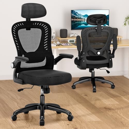 Office Chair, SPRDENG Ergonomic Office Chair with Two-Way Adjustable Lumbar Support & Headrest, High Back S-Shaped Computer Chair with Flip-up Padded Armrests, Swivel Task Chair for Home Office
