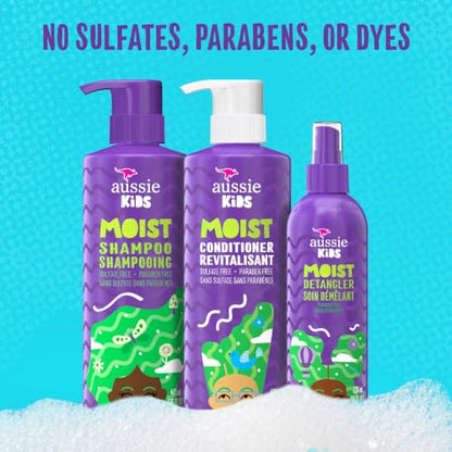 Aussie Kids Moisturize and Detangle Set: Shampoo, Conditioner and Detangling Spray, Sulfate, Paraben, Dye Free, Designed for Kids, 475 mL, 475 mL, 236 mL