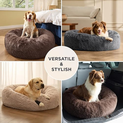 Bedsure SupportMax® Calming Dog Bed Medium Size Dog Washable Pet Bed,30in | 420GSM Plush Fluffy Faux Fur Donut Round,Thick Supportive,Removable Cover,Anti-Slip,Anti-Anxiety,Up to 45 Lbs,Dark Grey