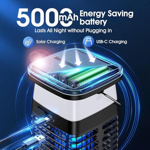 Solar LED Bug Zapper Lamp USB Rechargeable Indoor & Outdoor Use with LED Light, Portable IP66 Waterproof Electric Lamp with Hook for Patio Garden Backyard Home