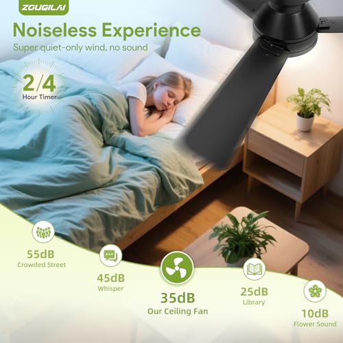 ZOUQILAI 42" Black Ceiling Fans with Lights and Remote, Low Profile Ceiling Fan with Light, Reversible DC Motors, 3CCT Dimmable Timer Noiseless, Flush Mount Ceiling Fan for Bedroom/Living Room
