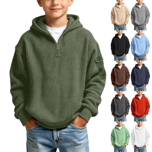 Gym Clothes Men Boys Waffle Knit Quarter Zip Hoodie Kids Back to School Hooded Pullover Tops Fashion Fall Winter Casual Sweatshirt 9 Years H01 Army Green